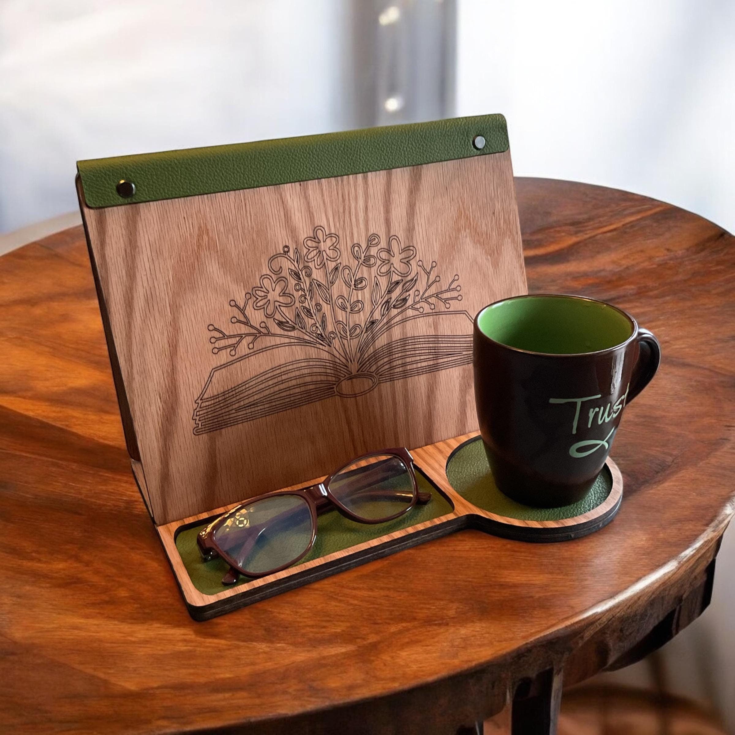 Handmade Personalized Book Stand engraved on Oak with leatherette accent
