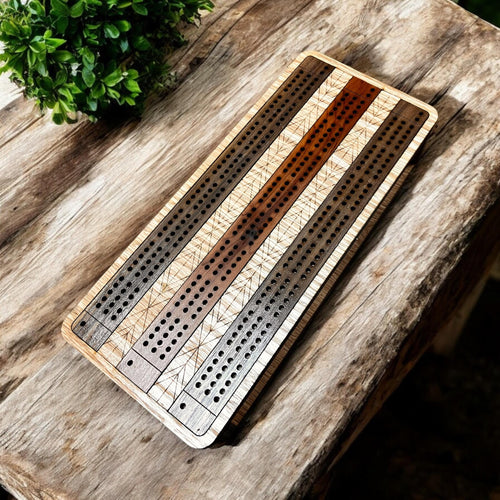 Handcrafted wooden cribbage board with laser-engraved geometric design