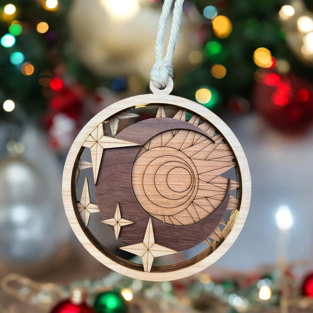 Wooden ornament with celestial design on a Christmas tree background