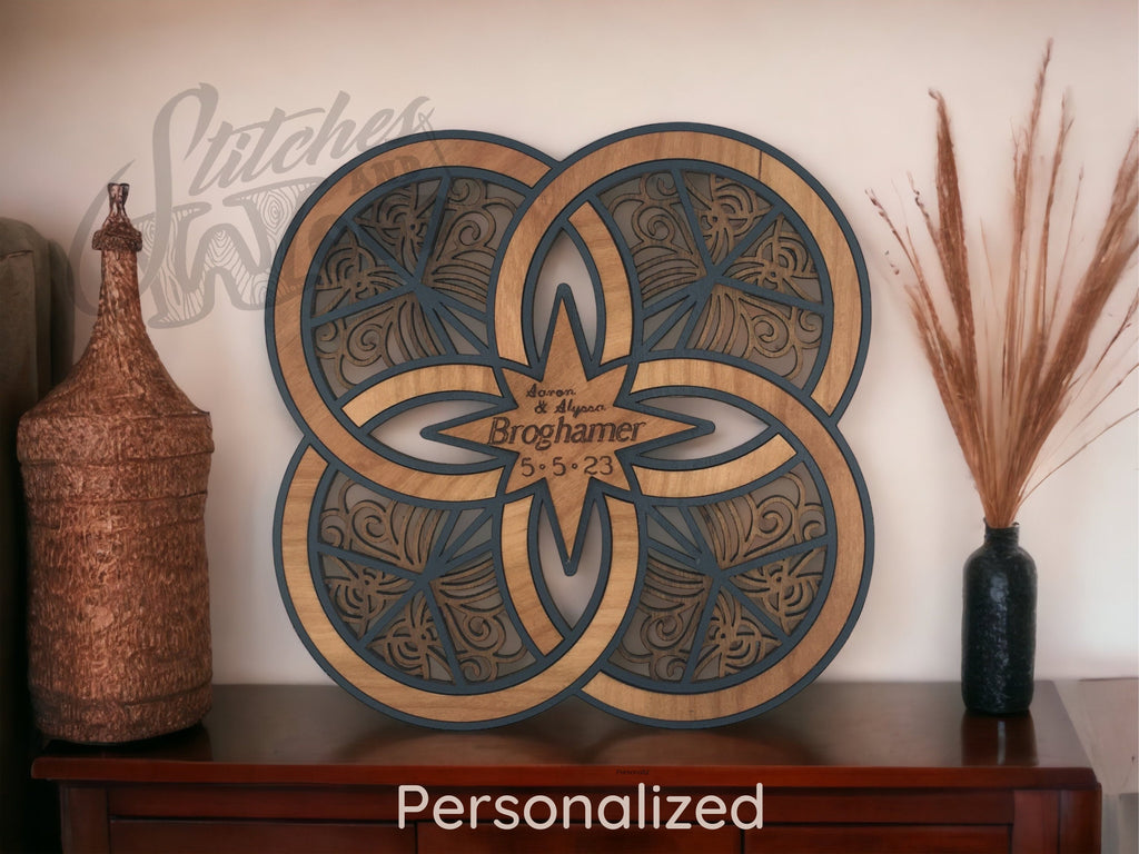 Personalized Double Wedding Ring Wall Art: Engraved Wood Newlywed Gift - Stitches and Wood