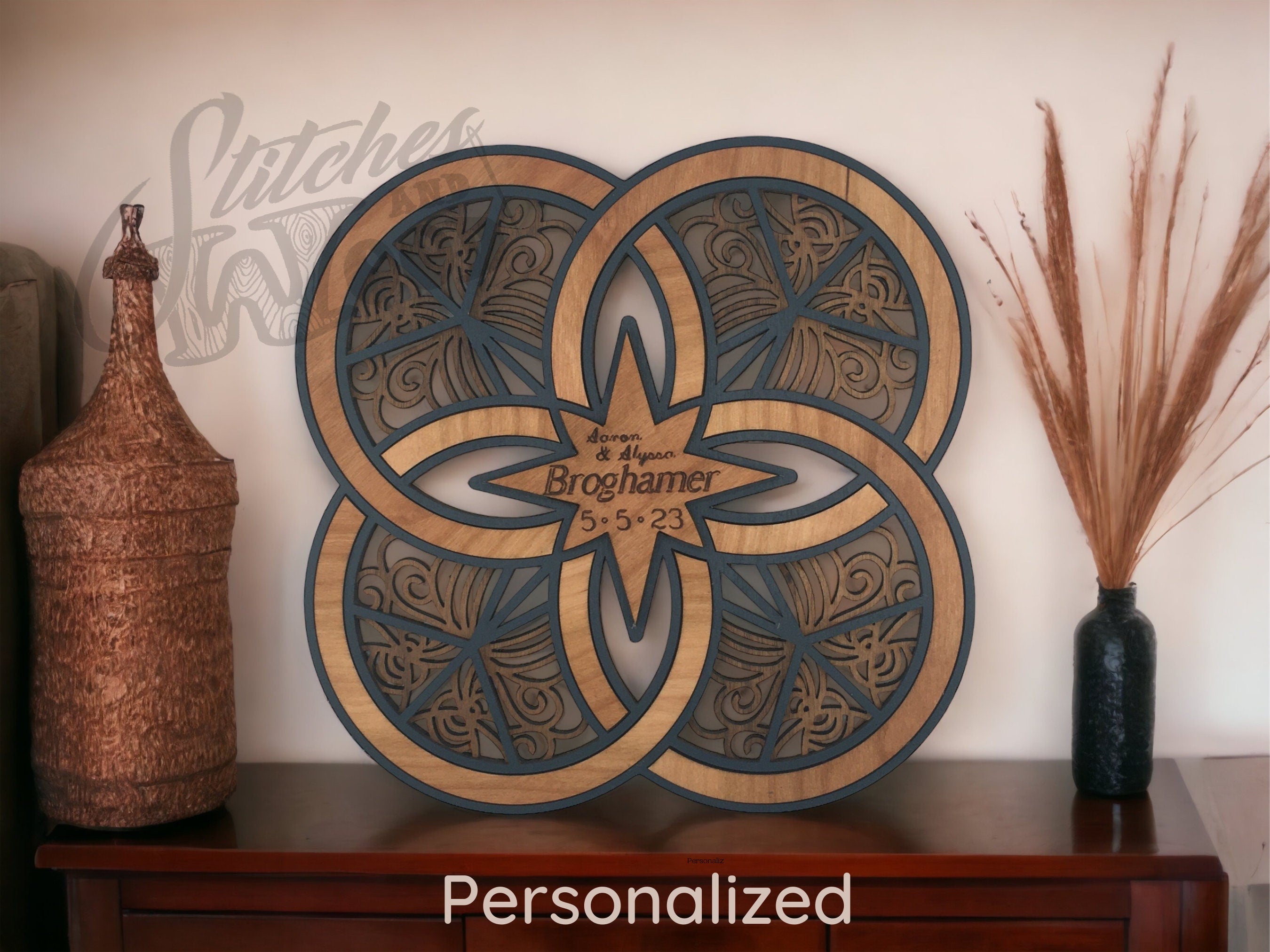 Personalized Double Wedding Ring Wall Art: Engraved Wood Newlywed Gift - Stitches and Wood