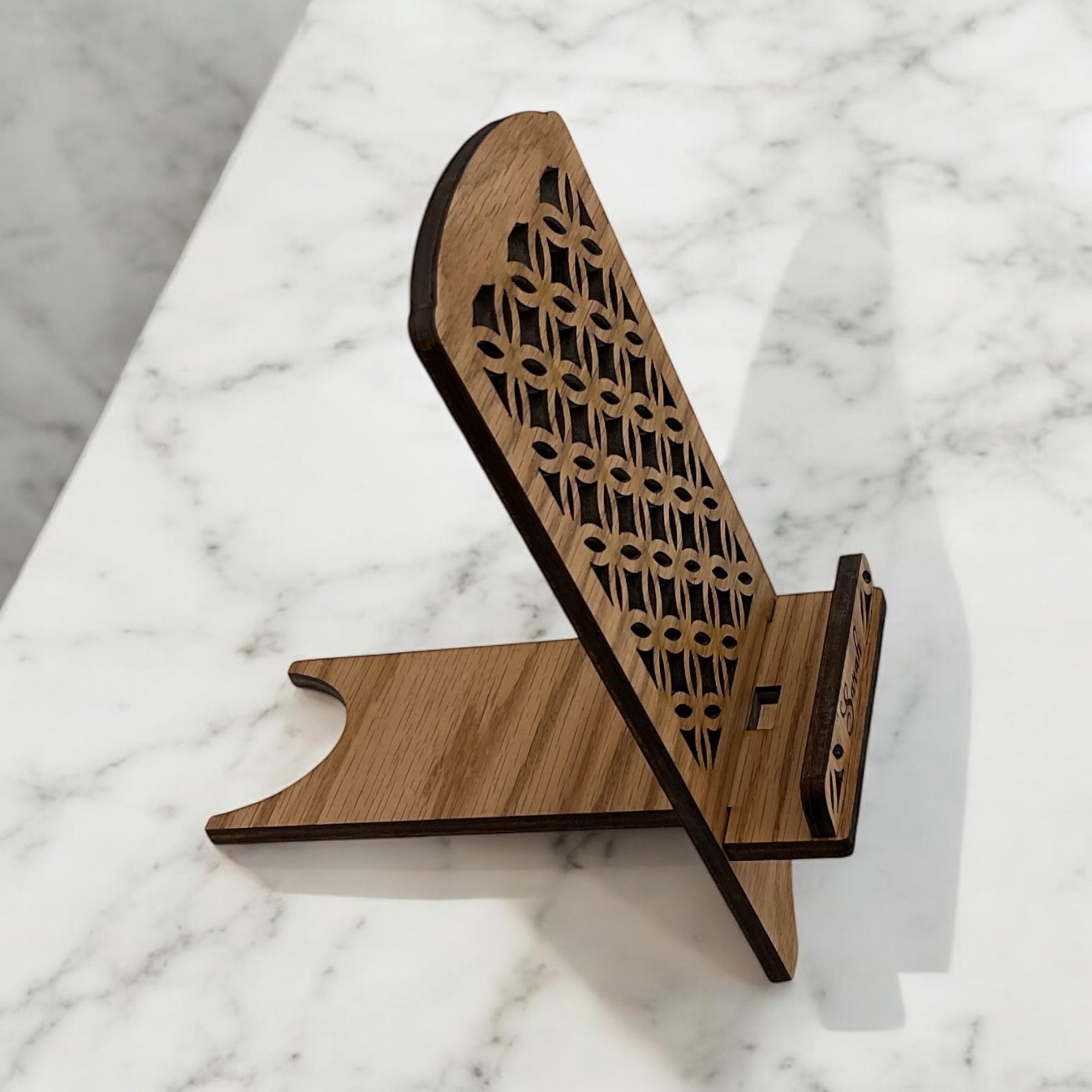 Personalized wooden phone stand perfect for desk décor