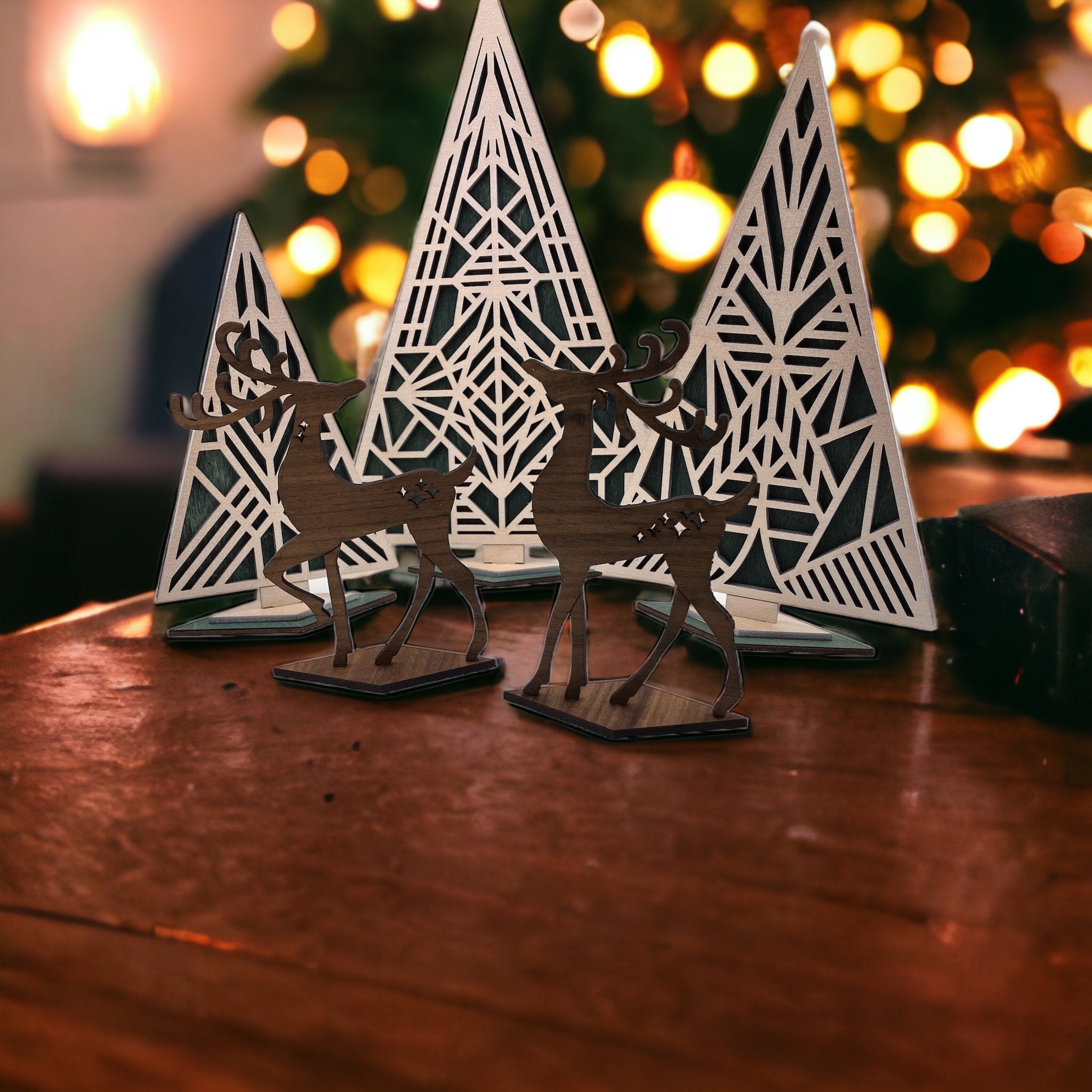 Wood reindeer tabletop decoration with slot stand rustic Christmas style