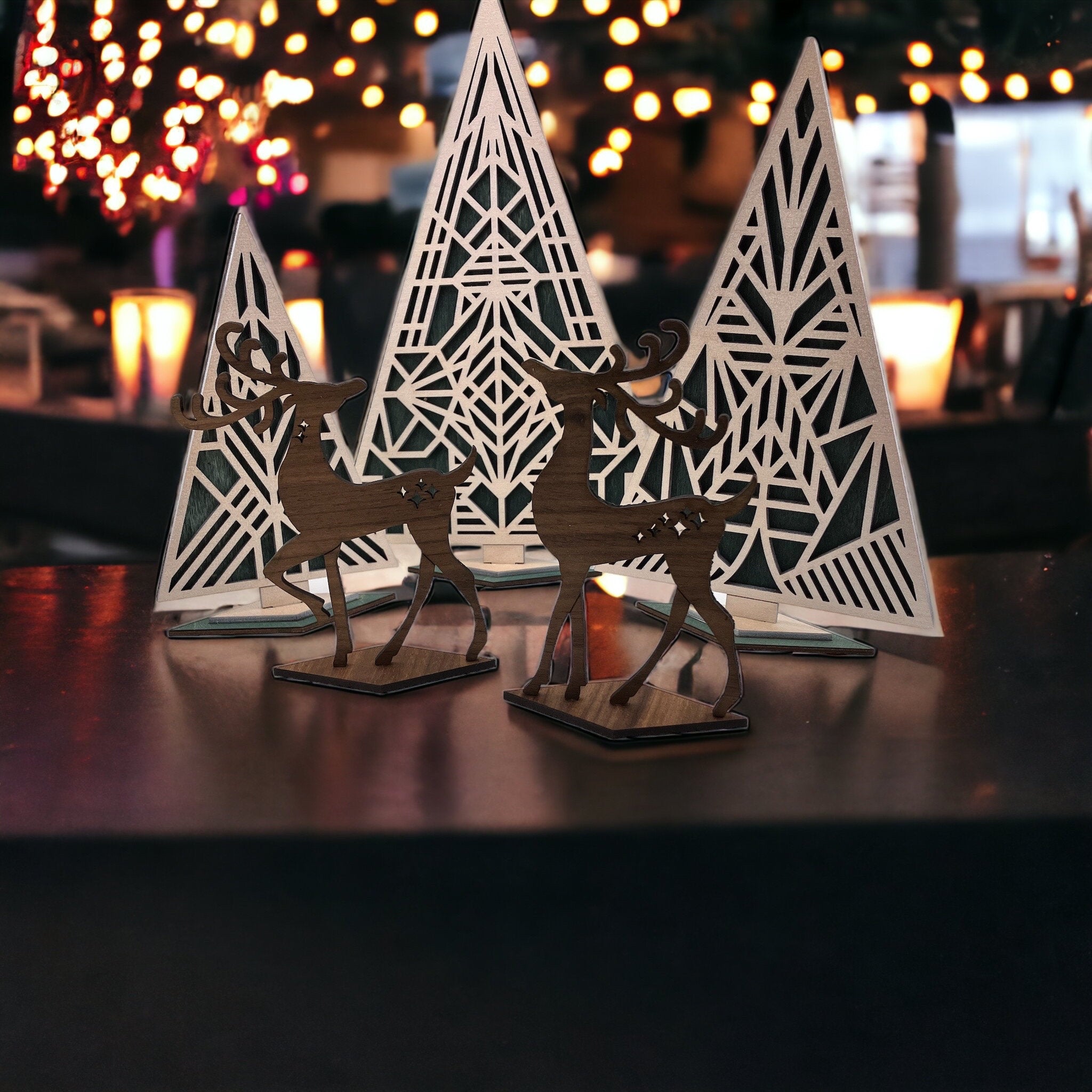 Freestanding laser cut holiday reindeer and tree decor set natural wood