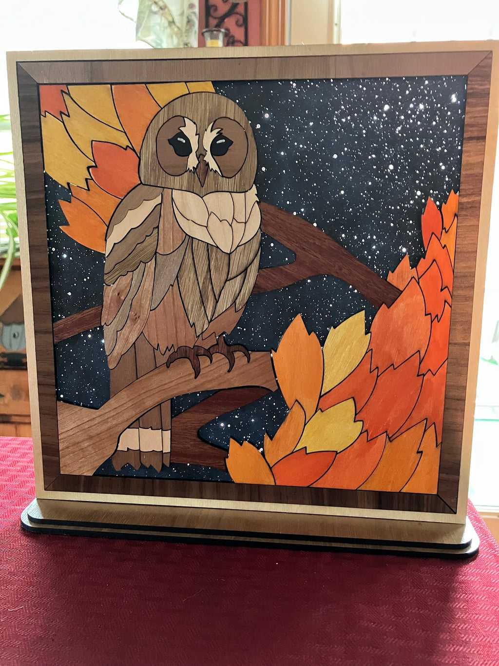 Handcrafted owl centerpiece for rustic tabletop display