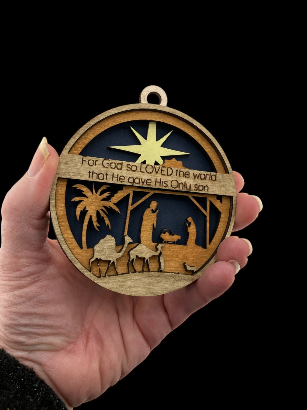 Faith-based wooden ornament with star detail, perfect for Christian holiday décor and gifts.