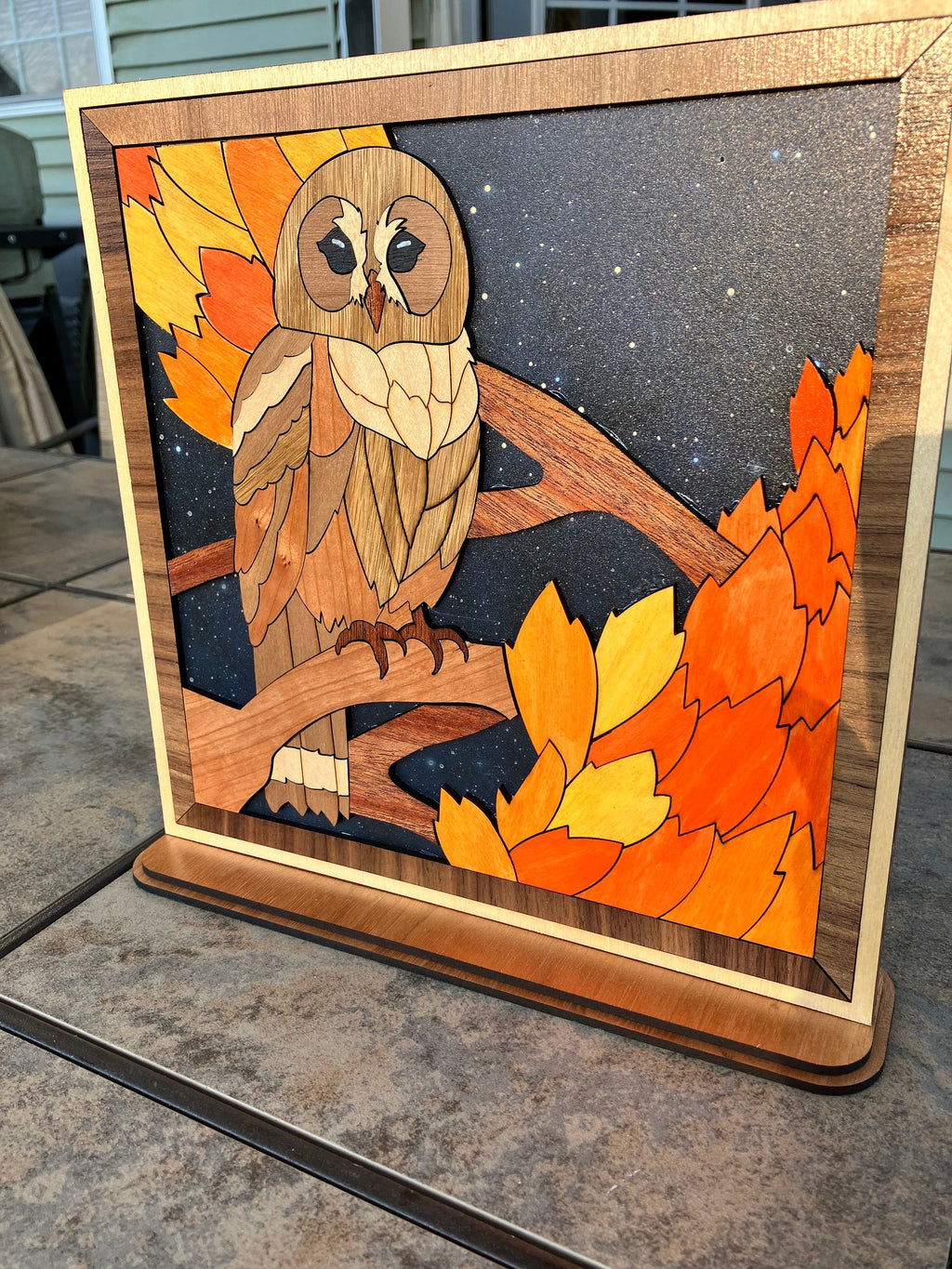 Rustic fall owl decoration for mantel or shelf