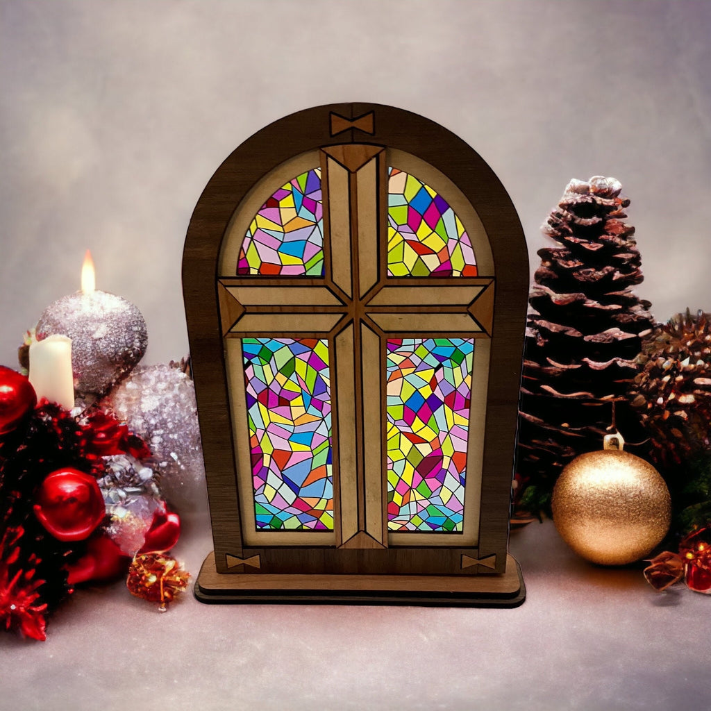 Mantel decoration inlay wooden cross with stained glass