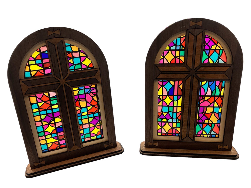 Mantel decoration inlay wooden cross with stained glass