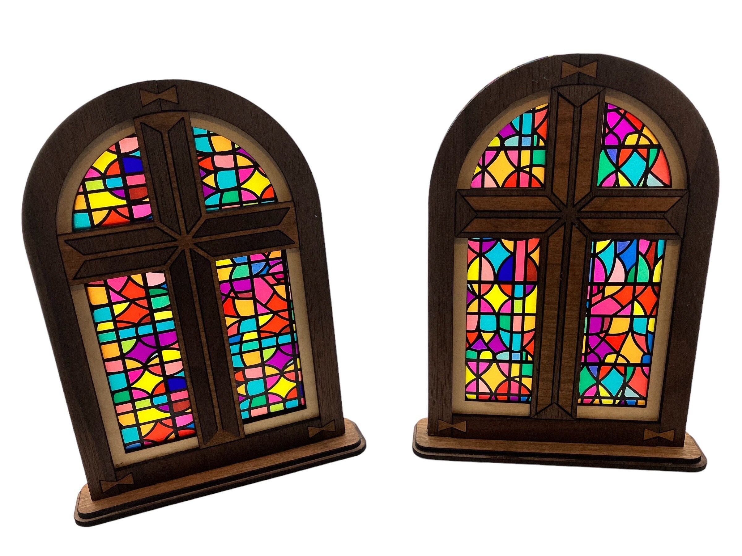 Mantel decoration inlay wooden cross with stained glass
