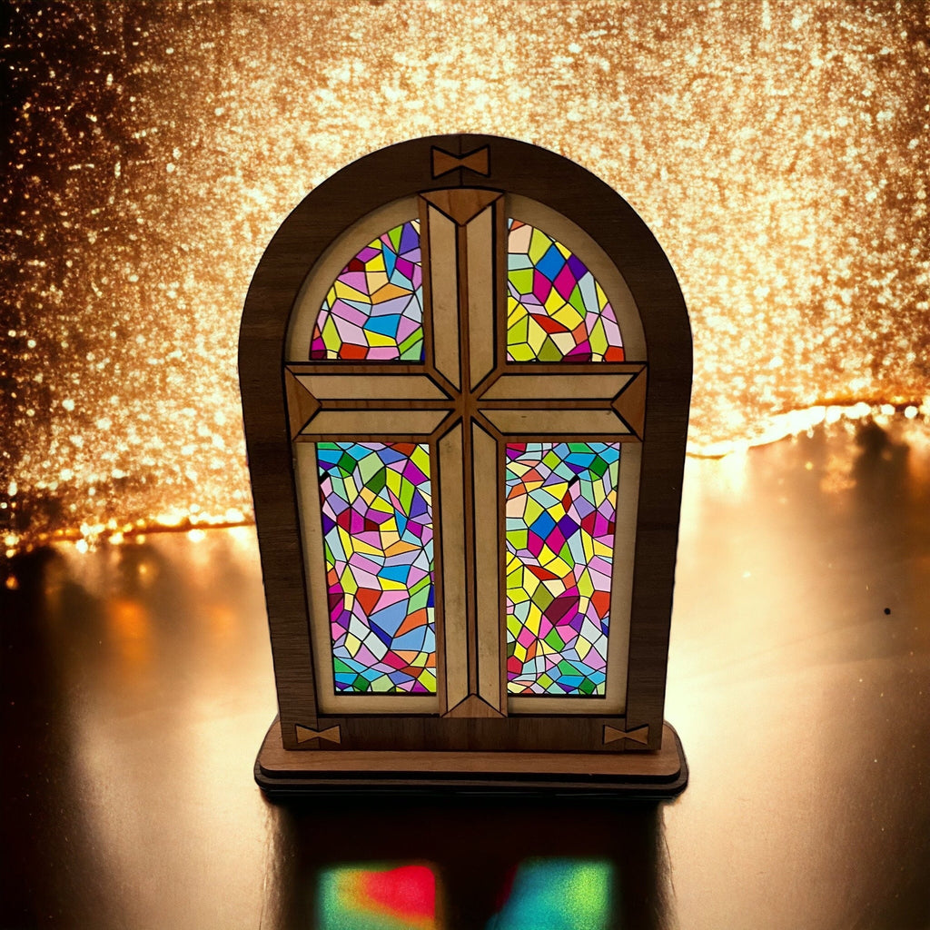 Mantel decoration inlay wooden cross with stained glass