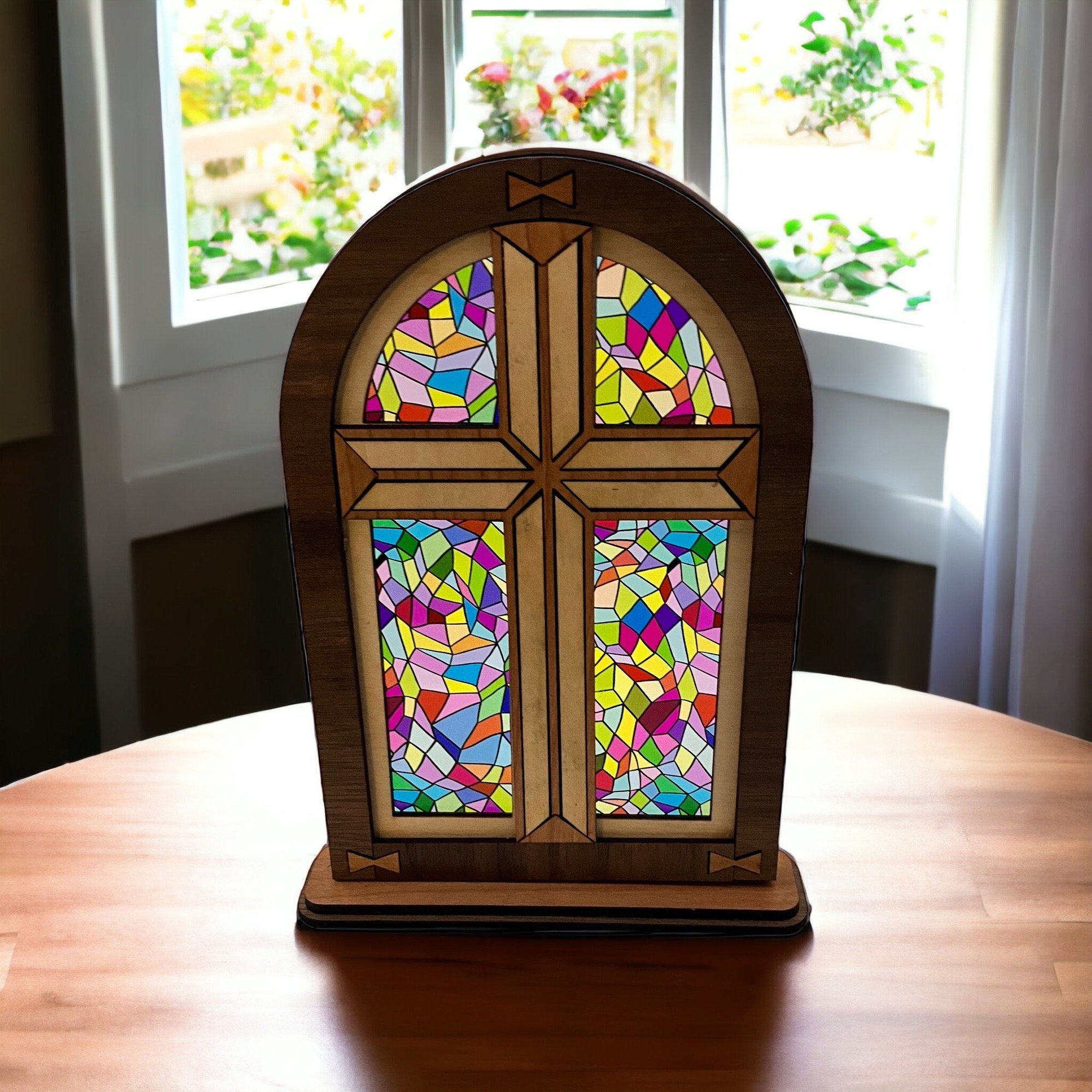 Mantel decoration inlay wooden cross with stained glass