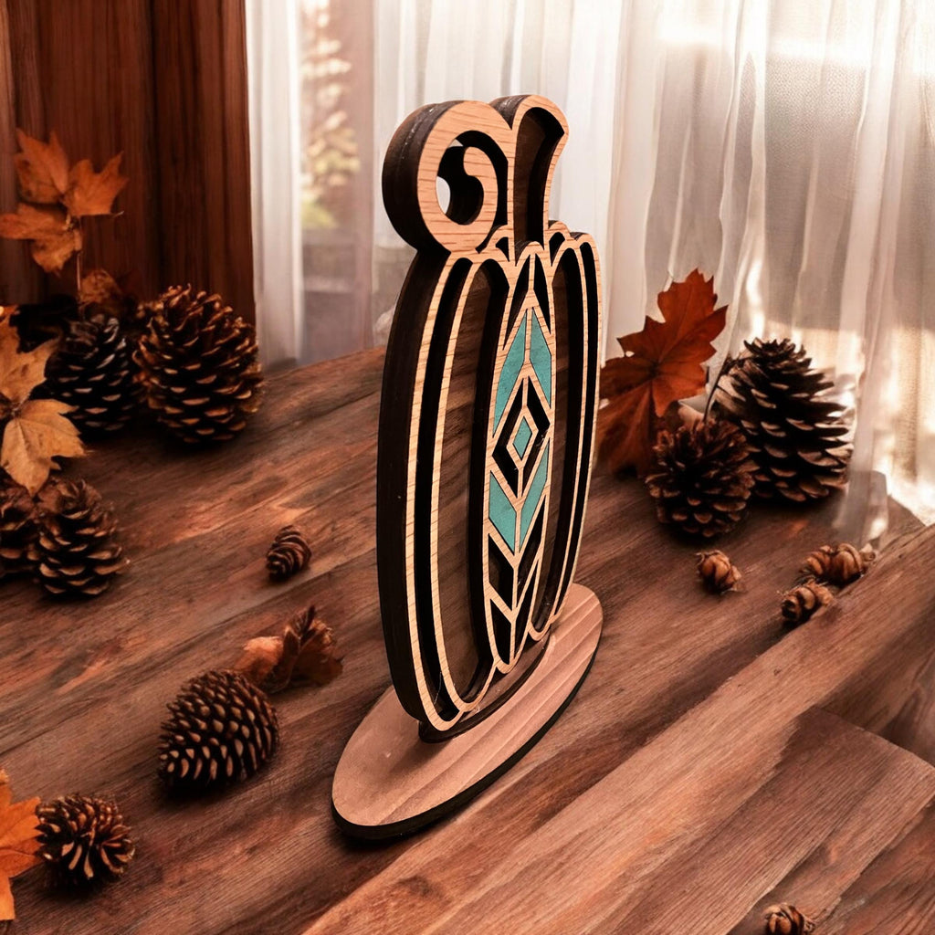 Layered wooden pumpkin with geometric design and natural wood finish