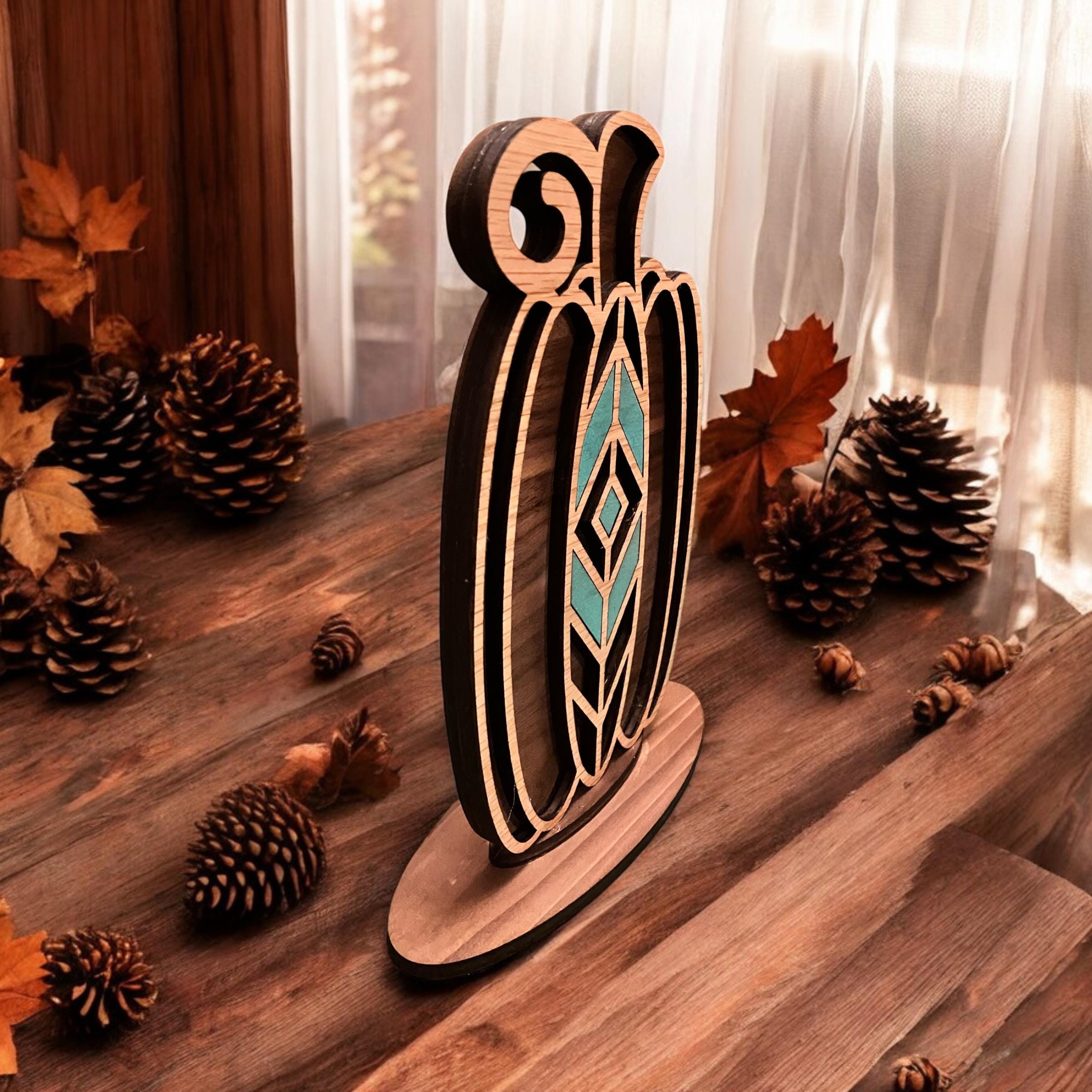 Layered wooden pumpkin with geometric design and natural wood finish