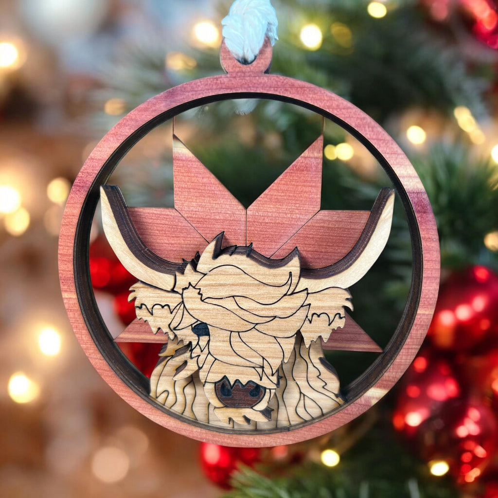 Wooden Highland cow ornament for rustic country holiday décor