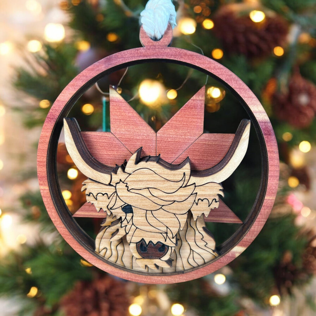 Rustic layered wood Highland cattle ornament gift for cow lovers