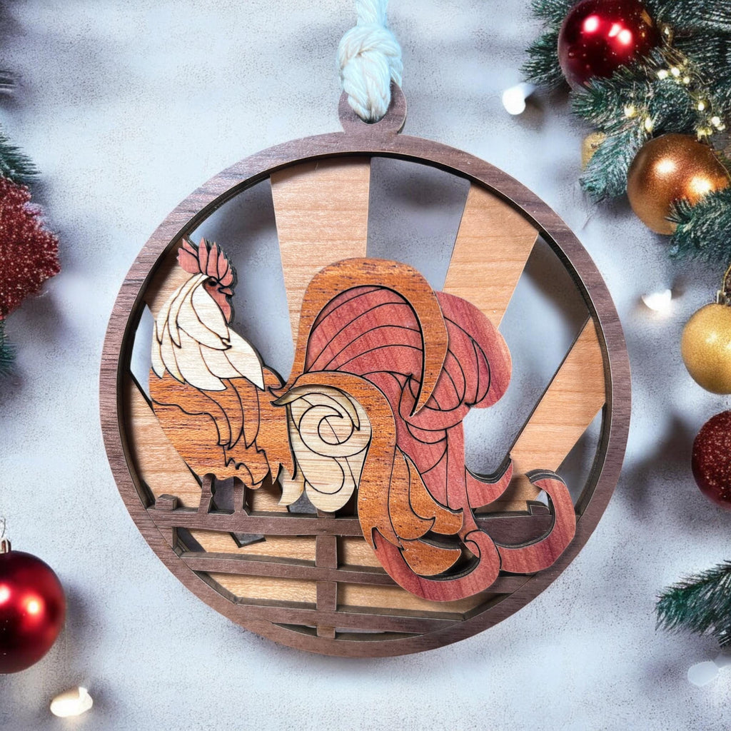 Handmade wooden rooster ornament with layered sunrise design