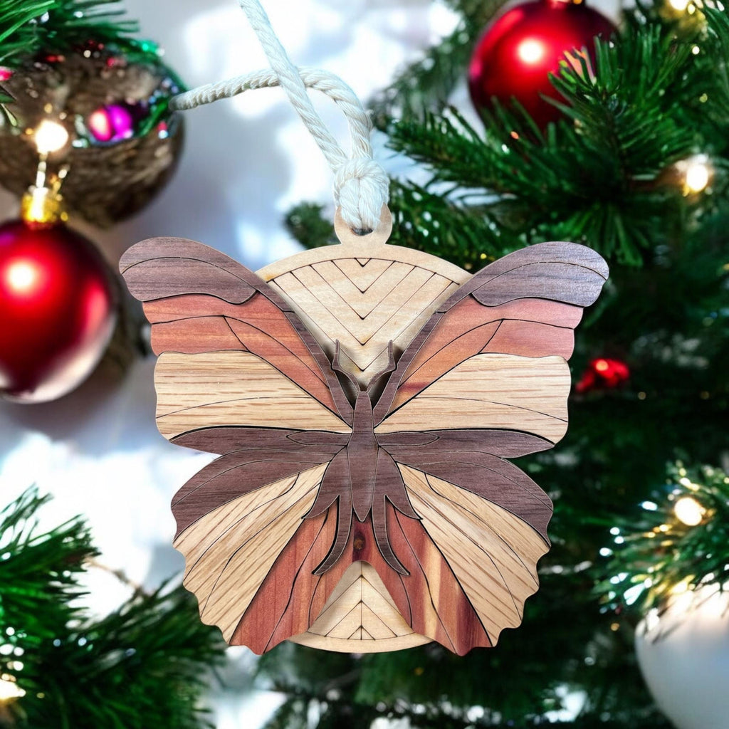 Wooden nature-themed butterfly ornament with engraved design