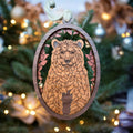Handmade wooden bear ornament with woodland leaf frame