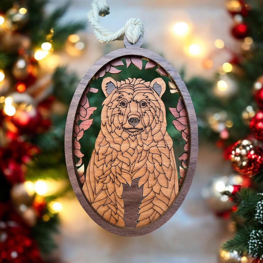 Rustic woodland bear Christmas ornament in layered wood