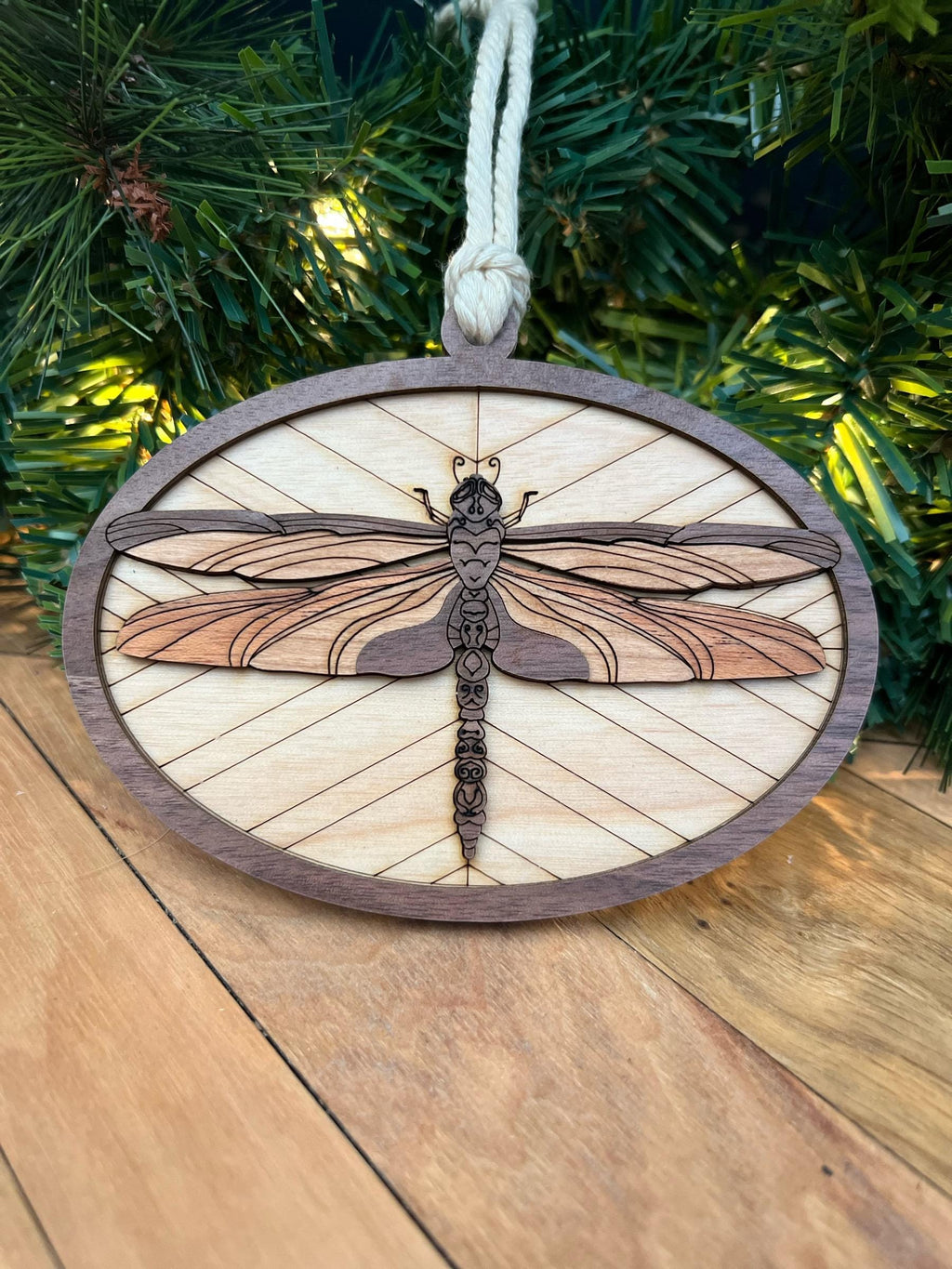 Rustic dragonfly Christmas ornament in layered wood design