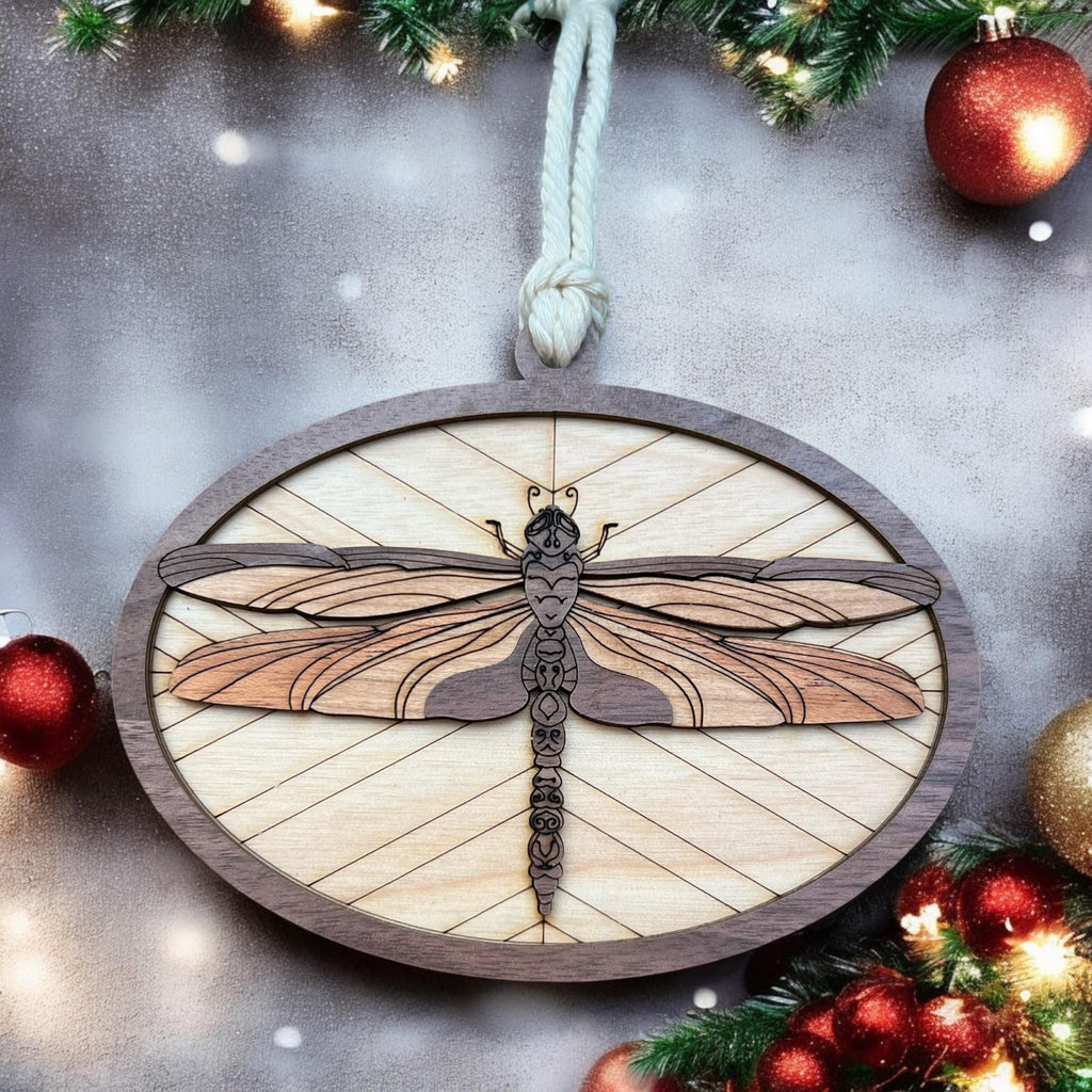 Laser-cut dragonfly ornament for rustic holiday decorations