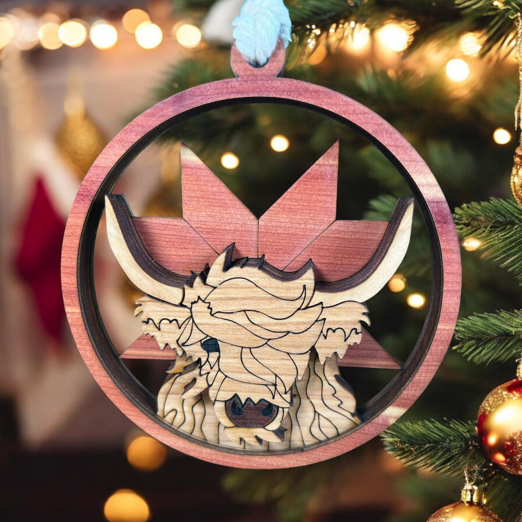 Handmade farmhouse Christmas ornament featuring Highland cattle