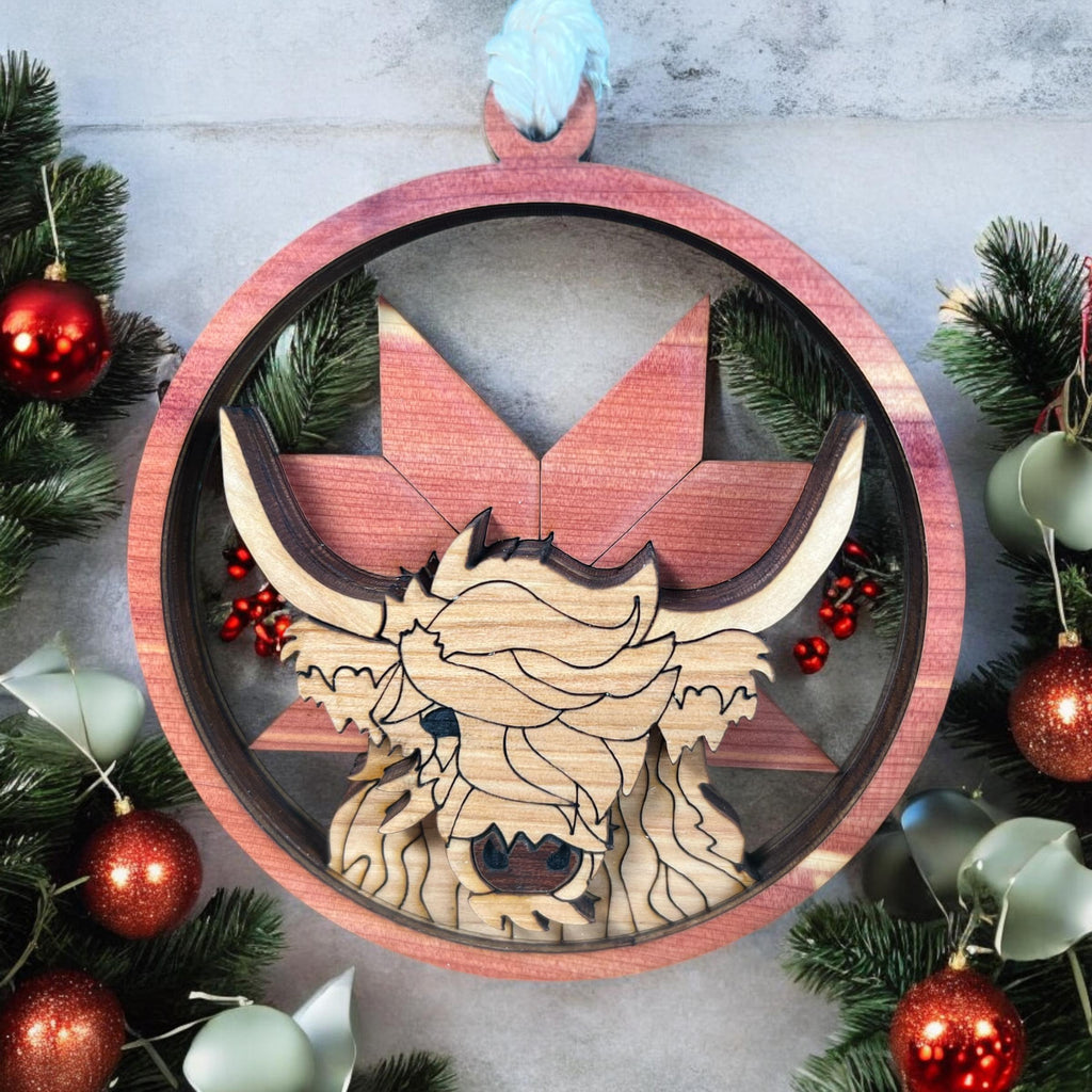 Laser-cut cow ornament perfect for farmhouse-style Christmas tree