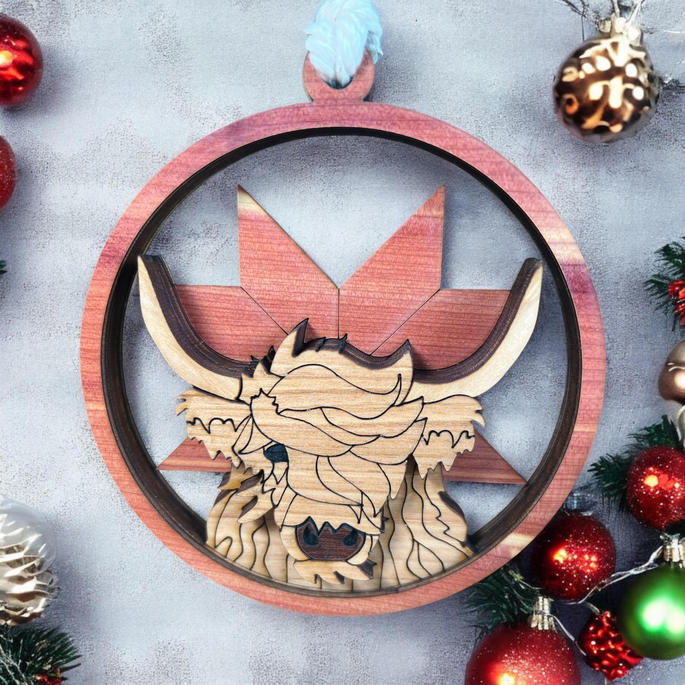 Rustic wooden Highland cow ornament with layered design