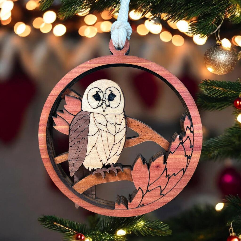 Nature inspired wooden owl ornament with rustic autumn leaves