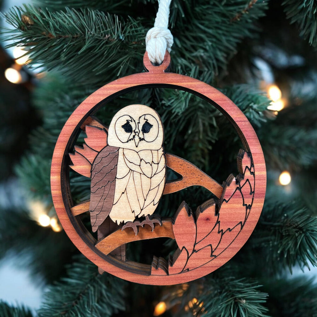 Rustic owl Christmas decoration made from natural wood
