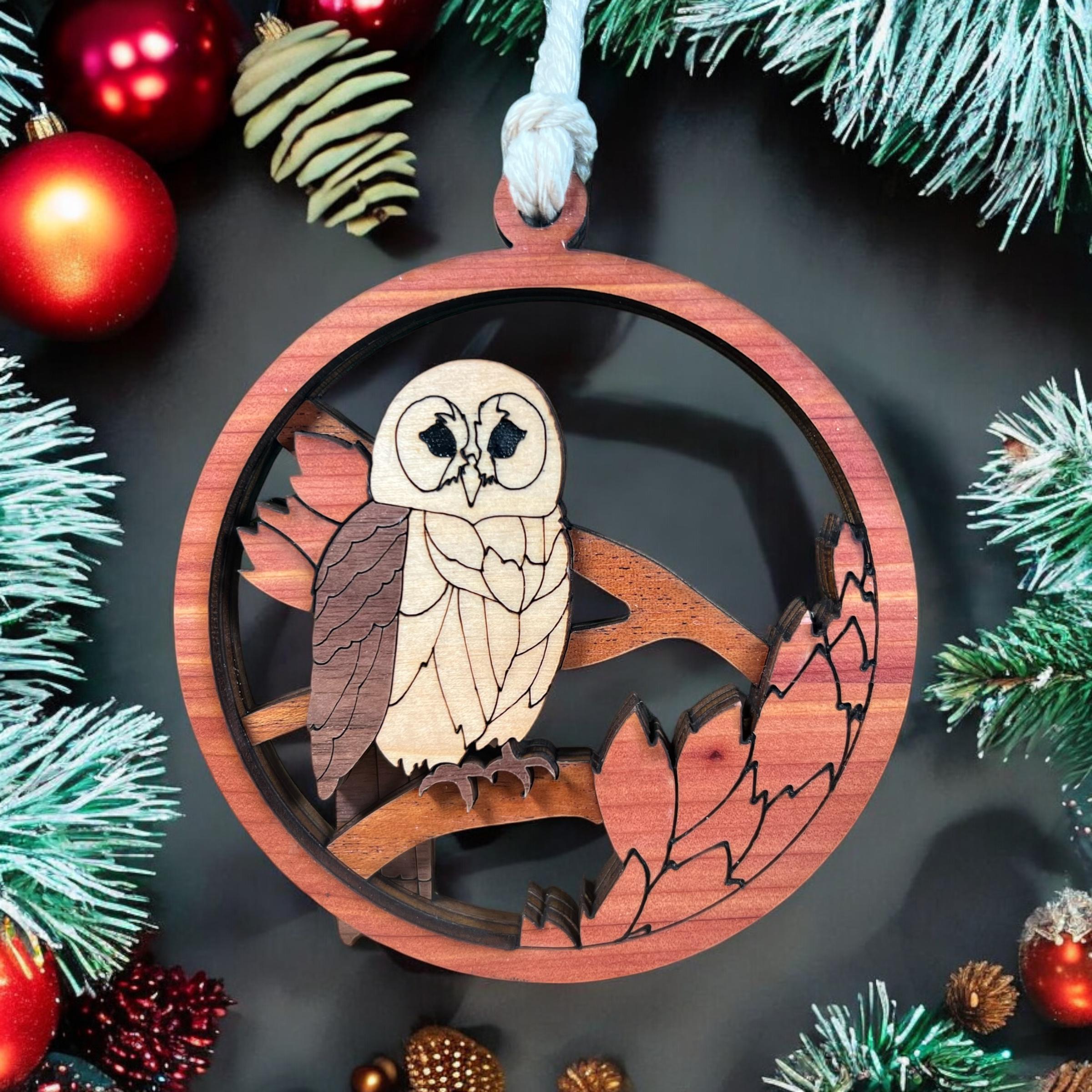 Laser-cut owl ornament with woodland design for holiday tree