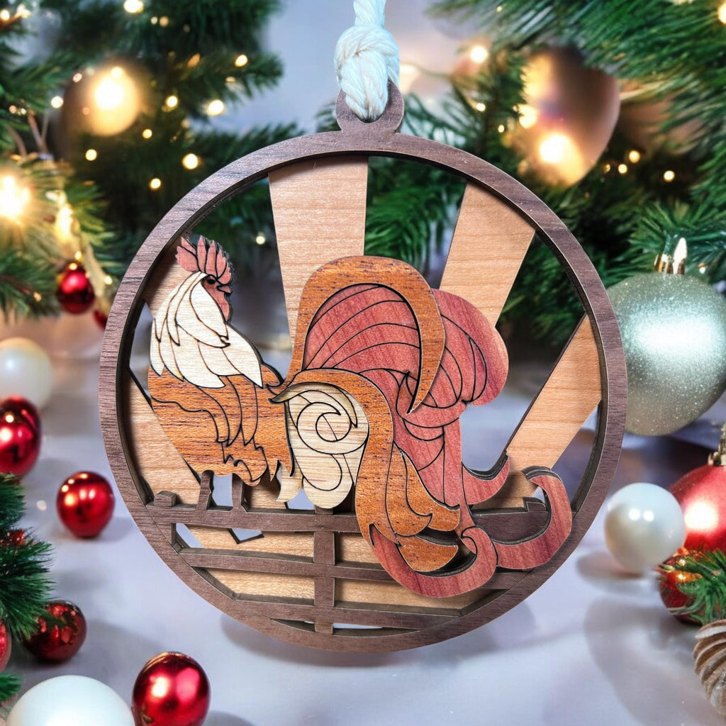 Farmhouse-style wood animal ornament featuring rooster design