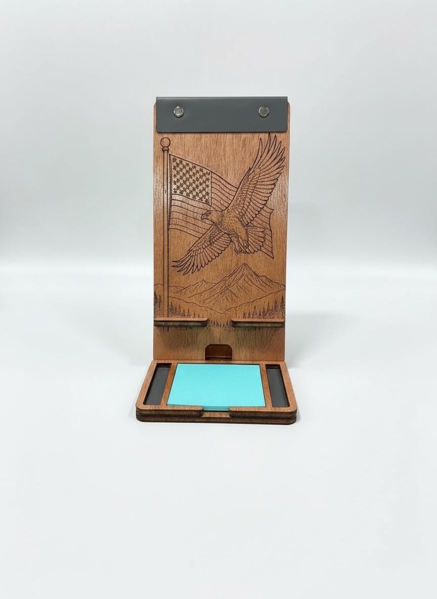 Patriotic Wooden Phone Holder with Sticky Note Tray | Desk Organizer Gift