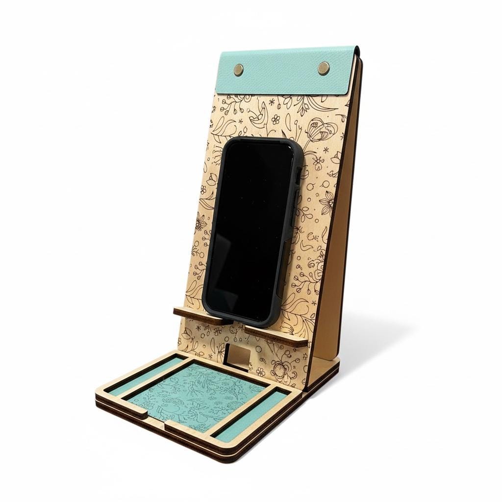 Personalized Wooden Phone Stand Docking Station – Engraved with florals