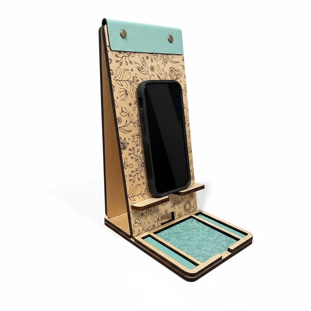 Personalized Wooden Phone Stand Docking Station – Engraved with florals