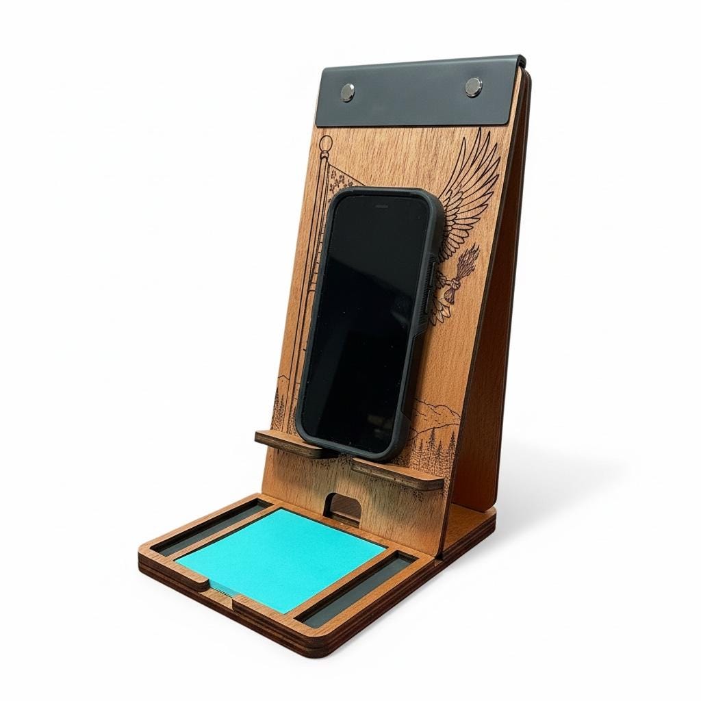 Patriotic Wooden Phone Holder with Sticky Note Tray | Desk Organizer Gift