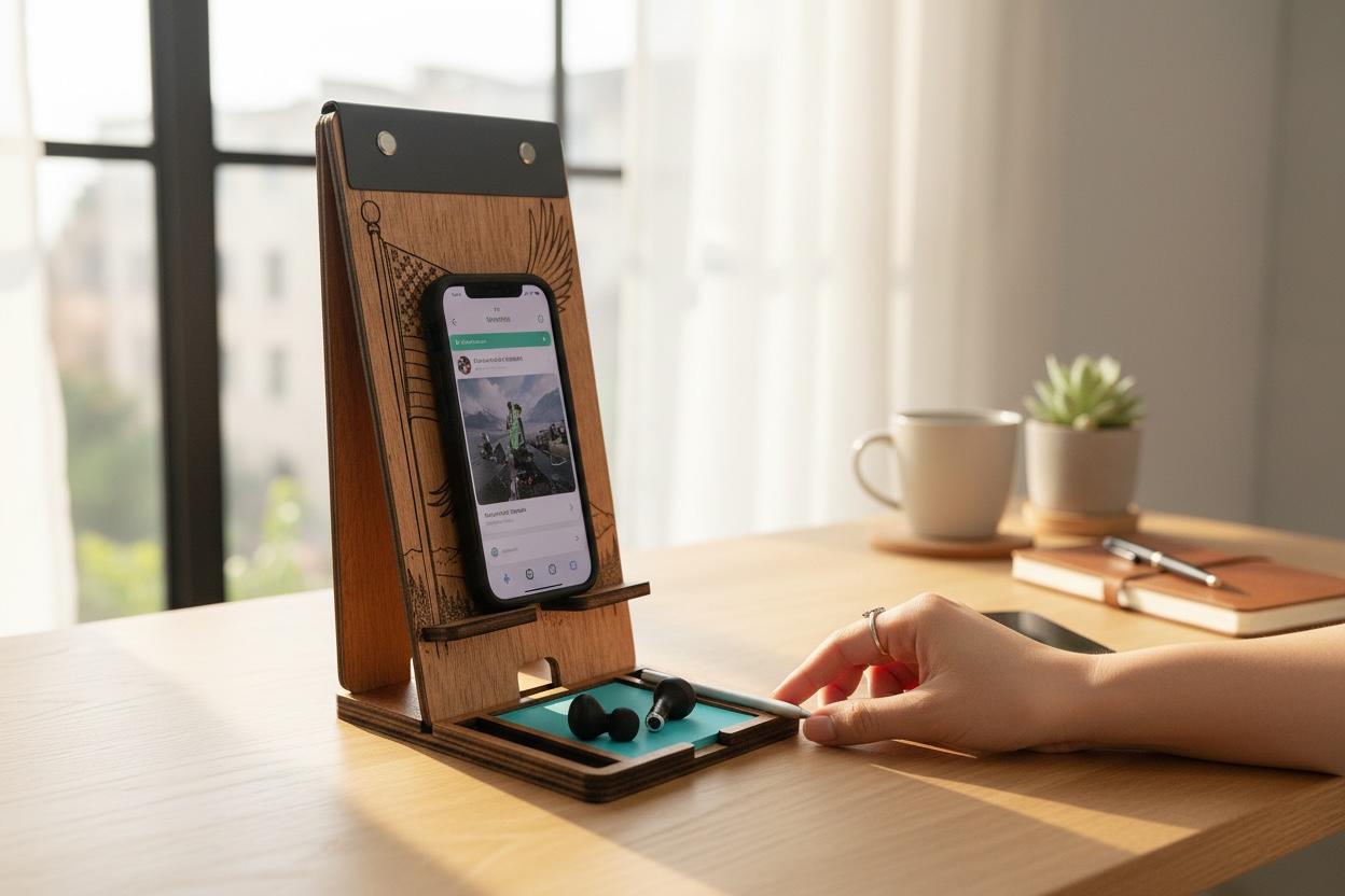 Patriotic Wooden Phone Holder with Sticky Note Tray | Desk Organizer Gift