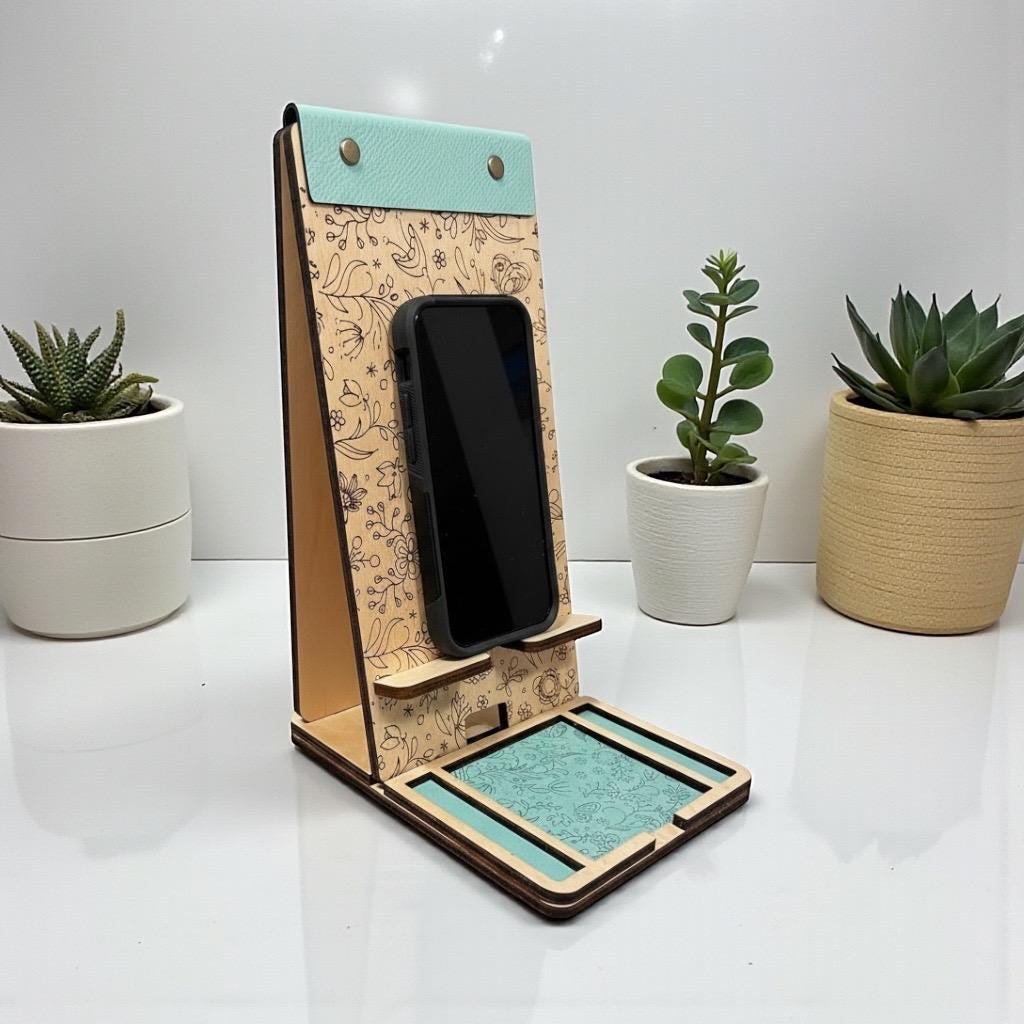 Personalized Wooden Phone Stand Docking Station – Engraved with florals