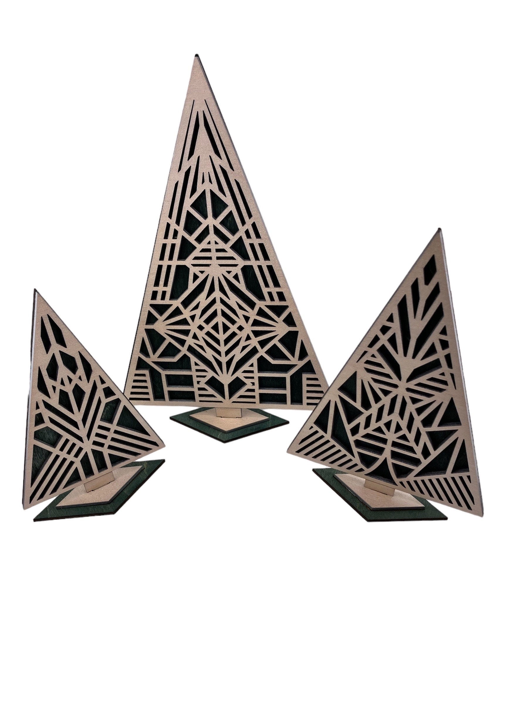 Wooden Geometric Christmas Trees & Reindeer Stand Set