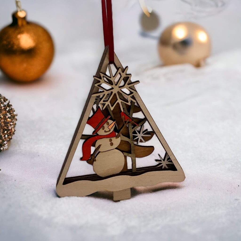 Layered wooden snowman Christmas ornament with tree design
