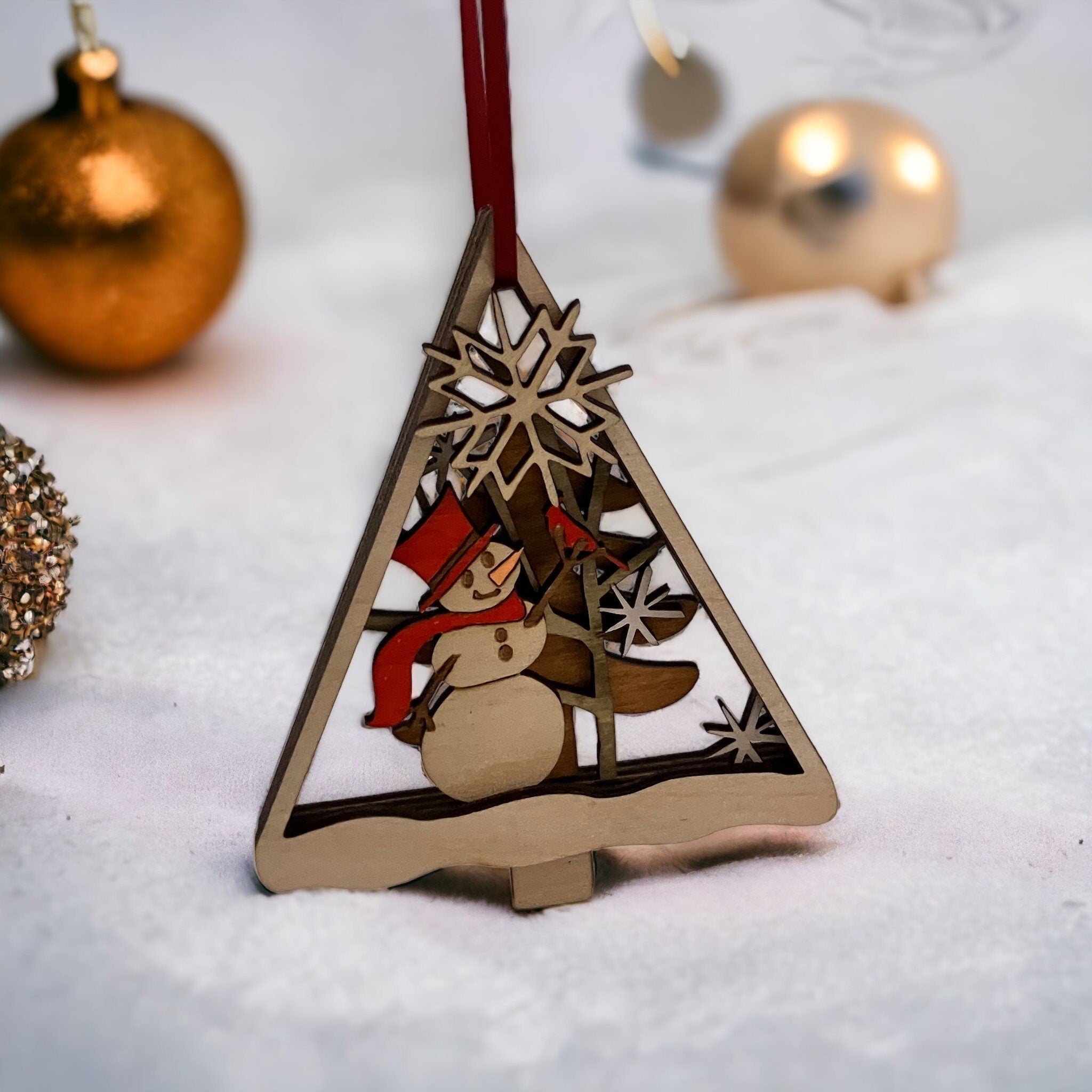 Layered wooden snowman Christmas ornament with tree design