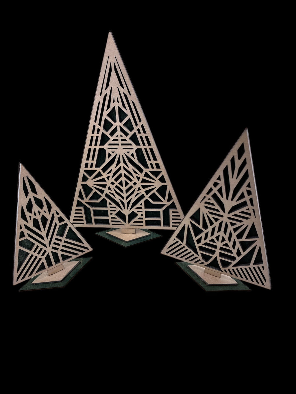 Geometric wooden sculpture on a black background